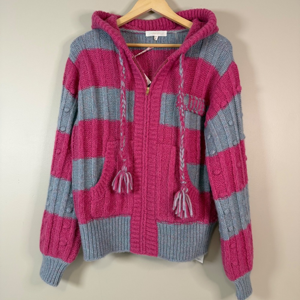 LoveShackFancy Womens M‎ Bold Stripe Alpaca Wool Zipper Hooded Cardigan Luxury